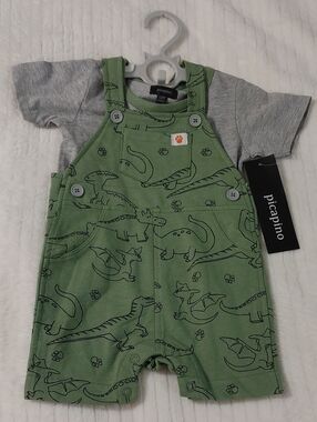 2 PC Picapino Green Dino Short Overalls with Gray Tee